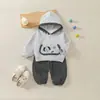 Conjunto com Capuz de Cachorrinho Infantil Primavera/Outono Meninos Cinza Hoodie + Calça Longa Listrada Conjunto de Duas Peças