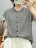 Camisa sem mangas de gaze de algodão dupla camada com gola de babados e estampa xadrez para mulheres, estilo artístico vintage de verão, top 100% algodão macio e amigo da pele