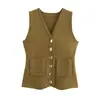 Ropa Europea y Americana Moda Otoño e Invierno 2024 Chaleco de Punto con Cuello en V sin Mangas de Botones Solapa Bolsillo Pantalones Color Puro Chaleco