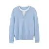 Textura Nublada Color Bloque Estilo Francés Falso Dos Piezas Suéter de Punto de Seda y Cachemira para Mujer, Versátil Elegante Suéter de Otoño-Invierno