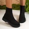 Botas de Cano Curto de Malha Respirável com Salto Grosso, Estilo Novo Outono e Inverno Europeu e Americano para Mulheres, Comércio Transfronteiriço, Tamanho Grande, Bico Redondo, Botas Meia Elásticas Desejo