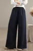 Calça larga feminina de algodão e linho com forro de fleece, novo estilo outono e inverno, solta, artística, retrô, quente, grossa, casual, calça de comprimento total