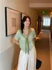 SUSAN Chal adelgazante de color bloque a rayas estilo coreano, suave, cárdigan de punto de manga corta de dos piezas simuladas para mujer, top de verano 5759s
