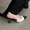 Sandalias de Verano 2025 Color Block Nuevas Punta Fina Tacón Medio Moda Francesa Baotou Zapatos de Tacón Alto para Mujer