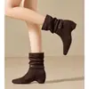 Botines de Tobillo con Hebilla Retro Tacón Grueso Estilo Maillard Arrugados Acumulados Botines de Tobillo Mujer 2026 Nueva Moda Tubo Corto Botas Vaqueras