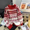 Suéter Rojo Vintage de Año Nuevo para Mujer, Ropa de Abrigo para Otoño e Invierno, Engrosado, Estilo Navideño Casual, Suéter de Punto Holgado y Suave