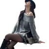 Suéter Básico Grueso Personalizado de Hombro Caído Suelto para Mujer Otoño e Invierno Estilo Nuevo Tejido de Algodón Gris