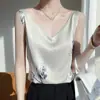 Camisola popular de seda estampada para mujer, cuello redondo, traje interior base, satén, seda de morera, top de verano, cuello en V