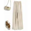 Pantalones Casuales de Verano de Pierna Ancha Estrecha con Pliegues Finos, Nuevo Estilo, Caída, Cintura Alta, Holgados, Adelgazantes, Algodón Lino, Pantalones Largos con Cordón