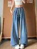 Jeans casual azul com barra curva estilo coreano para mulheres, nova coleção de outono, simples e solto, emagrecimento, calças de perna larga com cordão