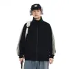 Nova coleção de outono: moletom cardigã listrado de peso pesado com gola alta, estilo unissex moderno, adequado para casais, sportswear estilo americano para primavera e outono