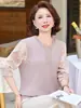 Suéter de punto de cuello redondo con mangas de gasa para otoño de madre de mediana edad, camiseta de punto de otoño para mujer de mediana edad, top básico