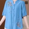 Camisa de Algodão e Linho de Manga Curta para Mãe Verão 2025 Novo Estilo Fino Luxo Acessível High-End Solta Top de Manga Três-Quartos Camisa