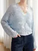 Cárdigan de punto calado con cuello en V y ribete de encaje francés, nueva colección de otoño, suéter de lana con hilo dorado para mujer, prenda exterior, blusa para mujer