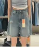 Shorts de Mezclilla Azules Rasgados para Mujer, Estilo Delgado de Verano, Tallas Grandes, Cintura Alta, Adelgazantes, Cuerpo Forma de Pera, Shorts de Cinco Puntos Pierna Ancha de Longitud Media