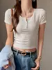Nueva Camiseta de Manga Corta con Cuello Henry para Mujer, Estilo Corto de Verano con Elegante Diseño de Botones, Hombro Normal, Cuello Redondo, Top de Moda