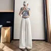 Terno estiloso cinza com calça de perna larga, novo estilo versátil de outono, calça casual casual solta de cintura alta que emagrece