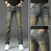 Jeans cropped popular masculino, novo estilo de primavera, elástico, para pessoas baixinhas, versão coreana, corte slim, calça masculina 9 pontos