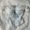 Nuevo Estilo Primavera y Verano Camisola de Encaje con Degradado Azul Dopamina y Blanco, Elegante y Versátil, Corte Ajustado