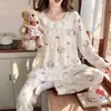 Pijama de dibujos animados estilo japonés para mujer, primavera y otoño, conjunto fino de ropa de casa de manga larga y pantalón largo de algodón nube holgado, se puede usar para salir