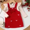 Yaya Comercio Exterior Transfronterizo Primavera Nuevo Color Albaricoque Manga Larga Rojo Vino Vestido con Tirantes Conjunto de Ropa para Niños Lindo y Energético Venta al por Mayor desde el Fabricante