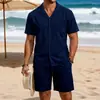 2026 Conjunto de Playa de Algodón y Lino de Cuatro Estaciones Estilo Americano Transfronterizo para Hombre, Casual, Holgado, Transpirable, Manga Larga, Camisa de Cinco Puntos