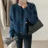Abrigo Suéter Trenzado con Botones de Cuerno Vintage Otoño e Invierno Nuevo Color Sólido Versátil Ajustado Cuello Redondo Cárdigan Corto de Punto para Mujer