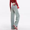 Pantalones vaqueros bordados para mujer, nuevo diseño, etiqueta roja, cintura alta, holgados, pierna ancha, color contrastante, rectos, verano