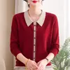 Suéter de punto con cuello estilo mamá para mujer, suéter de lana con bloques de color otoñal y pedrería, capa base holgada y estilizante para mujeres de mediana edad