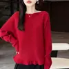 Suéter de Punto de Lana Pura Off-Shoulder Nuevo Invierno 2026 para Mujer, Manga Larga, Color Sólido, Suéter de Lana con Diseño de Corbata