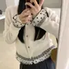 Jaqueta Cardigan de Tricô com Renda e Bolinhas Doces Moda Coreana Outono e Inverno Novo Estilo Estilo Gentil Suéter Macio e Aconchegante para Mulheres