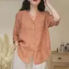 # 705 Camisa Fina de Algodão e Linho de Verão Vintage para Mulheres, Blusa Solta com Decote em V, Jaqueta Casual, Cinza