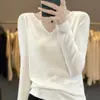 Camiseta Base Versátil de Lana Fina con Cuello de Tijera y Manga Larga para Primavera/Verano, Tejido Simple y Elegante, Ropa para Mujer al por Mayor