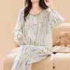 Verano Nuevo Algodón Seda Pijama Mujer Manga Larga Pantalones Cárdigan Estilo Nacional Estampado Cómodo Primavera Ropa de Casa Traje Delgado