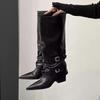 Botas Vintage de Salto Grosso Bico Fino Longas para Mulheres 2026 Novo Outono Inverno Botas Pretas Blocadas Botas Longas de Equitação