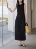 Vestido Branco Sem Manga Estilo Francês Ginnke para Mulheres, Vestido-Colete Preto com Patchwork na Cintura para o Verão, Vestido Longo Floral