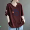 Comércio Exterior Transfronteiriço Roupas de Verão para Mães Estampadas Decote V Solto Tamanho Grande Casual Elegante Camiseta Feminina para Mulheres de Meia-Idade