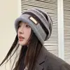 Gorro Holgado Cálido de Punto para Mujer para Otoño e Invierno, Gorro de Lana Tipo Turbante a Rayas con Bloques de Color, Resistente al Viento, Versátil, para Cabeza Grande