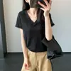 Ambiente Suave~ Camiseta de Manga Corta con Cuello en V y Adorno de Encaje, Tacto de Algodón Nieve Lyocell, Cómoda y Versátil para el Verano H051214