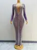 Vestido Sexy de Cadena de Cristal con Strass para Abdominales Morado Discoteca Atrevido Conjunto Elástico Cantante Femenina Performance Cai