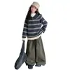 Conjunto de Ropa Casual de Moda Coreana para Niña Grande Estilo Otoño/Invierno Suéter Rayado Grueso con Solapa y Pantalones de Pierna Ancha