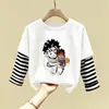 Camiseta Base Estampada de Desenho Animado Patchwork Listras Bonita Estilosa Algodão Puro Top Camiseta Tendência Primavera Outono Meninos Manga Longa