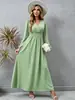 Nuevo Estilo Europeo y Americano Estación Independiente Comercio Exterior Floral Cuello en V Manga Larga Ceñido a la Cintura Fruncido Vestido Dobladillo Amplio Estampado Moderno Versátil