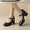 Zapatos Mary Jane de piel de cabra con textura de camelia, femeninos, de primavera 2024, de tacón alto grueso y punta redonda, de piel auténtica para mujer