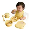 Juego de Vajilla para Bebé de Silicona de Grado Alimenticio de Seis Piezas, Plato Dividido con Ventosa, Babero, Tazón Anticaídas para Alimentación Infantil, Tenedor y Cuchara
