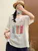 Camiseta de Ráfia Estilo Verão 2026 com Estampa de Desenho Artístico para Mulheres, Corte Solto, Tamanho Grande, Manga Média Fina Atacado