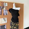 Top de manga corta Tencel de hombros descubiertos dos vías + Falda resistente con estampado de pintura al óleo irregular estilo francés con abertura