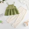 Conjunto de Tirantes para Niña Verde Hueco Tirante Pequeño + Pantalones de Linterna Blancos Conjunto de Dos Piezas Viaje de Verano Vacaciones de Verano