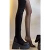 Botas Longas Femininas 2025 Novas Pernas Grossas Pequenas de Salto Grosso Elásticas Botas Altas Pretas de Salto Alto Acima do Joelho