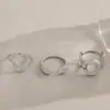 Conjunto de Anéis Europeu Estilo INS com Strass, Meia-Lua e Coração Vazado, Cor Aço, Joia de Mão Aberta Exquisita e Versátil para Mulheres